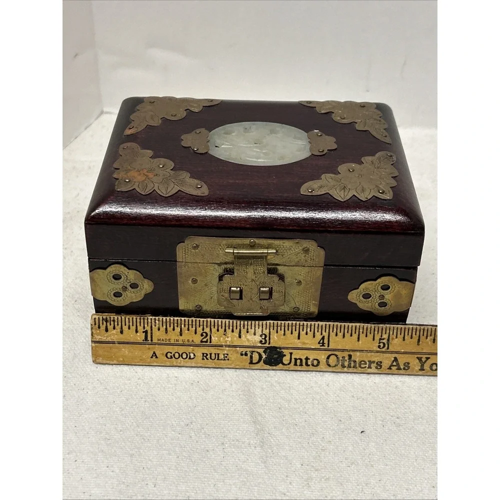 Vintage Jewelry Box Asian Oriental Chinese Ornate Brass Wood Jade Like Carving
